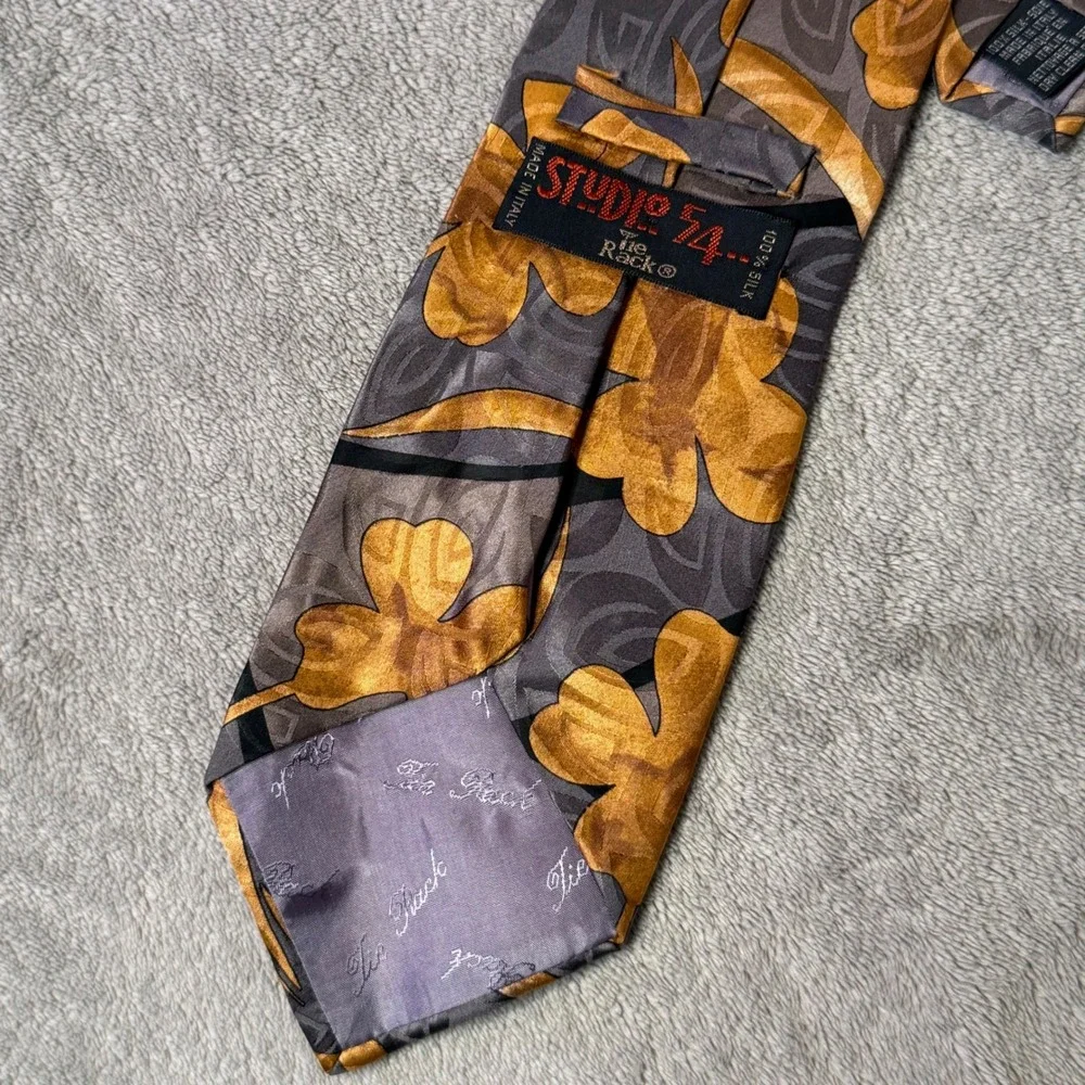 Vintage 90s Italian Silk Mens Necktie Abstract Floral Leaf Pattern Gold Gray Tie